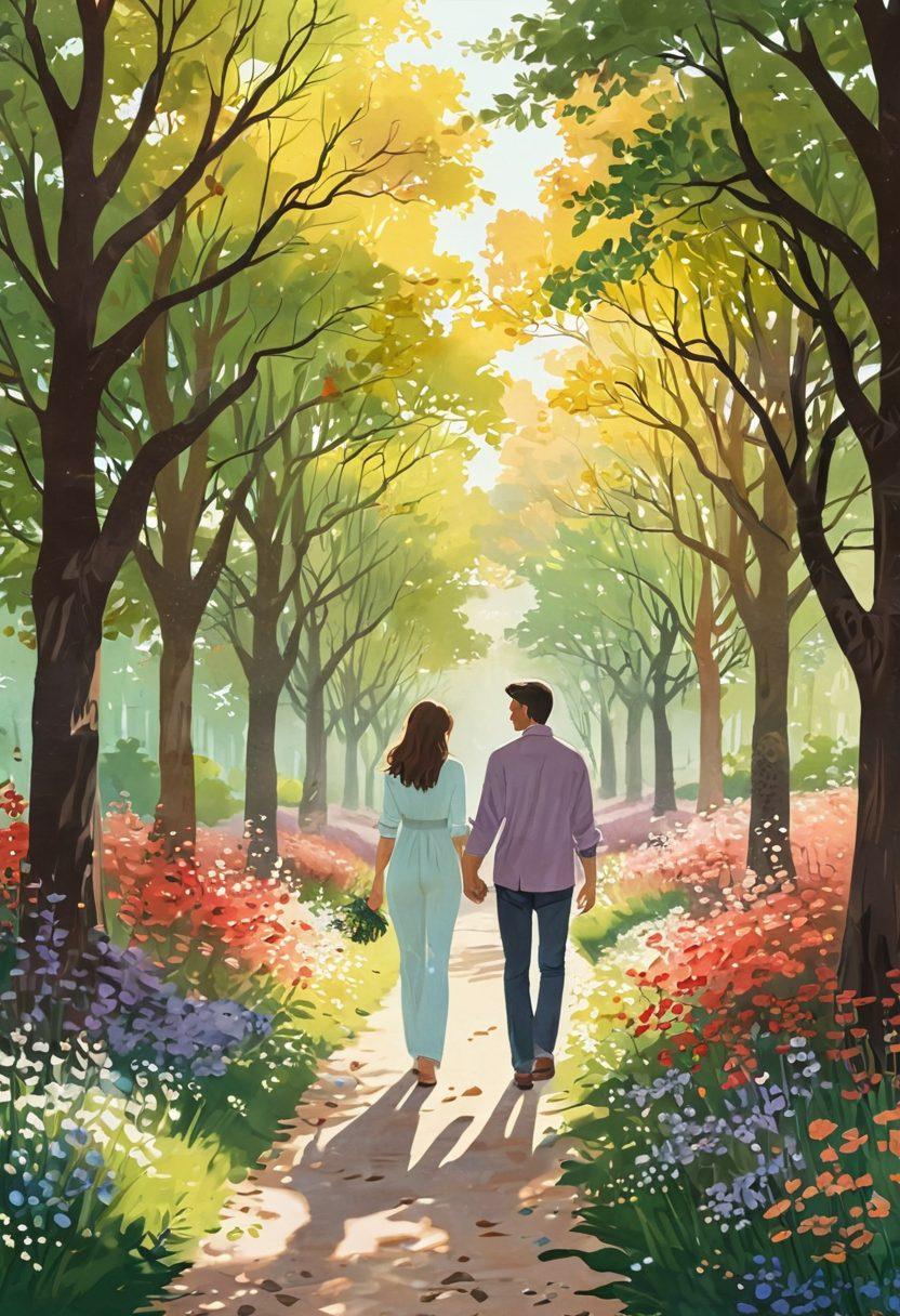 An illustration of a couple walking hand in hand along a serene path surrounded by blooming flowers and tall trees, with soft sunlight filtering through the leaves. Symbols of connection, like hearts and intertwined vines, subtly appear in the background, representing lasting bonds. Include warm, inviting colors to evoke a sense of romance and harmony. whimsical art style. vibrant colors. dreamy atmosphere.