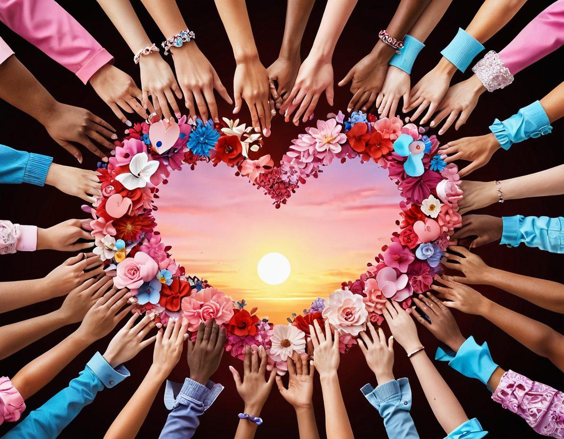 A heart-shaped community made up of diverse people holding hands, surrounded by symbolic items representing love like flowers, hearts, and letters. The background showcases a vibrant sunset, symbolizing hope and connection. Incorporate shades of pink and red to illustrate romance and warmth. Capture the essence of unity in relationships and community bonds. super-realistic. vibrant colors. 3D.