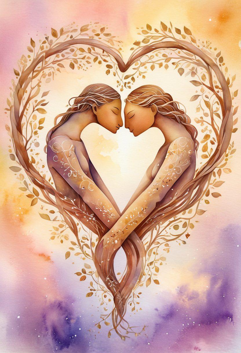 A radiant heart entwined with golden vines, symbolizing love and connection, set against a soft, dreamy background of pastel colors. Include diverse couples engaged in heartfelt activities, such as holding hands and sharing laughter, showcasing warmth and intimacy. Add subtle glowing stars to represent hope and enduring bonds. watercolor. soft focus. vibrant colors.